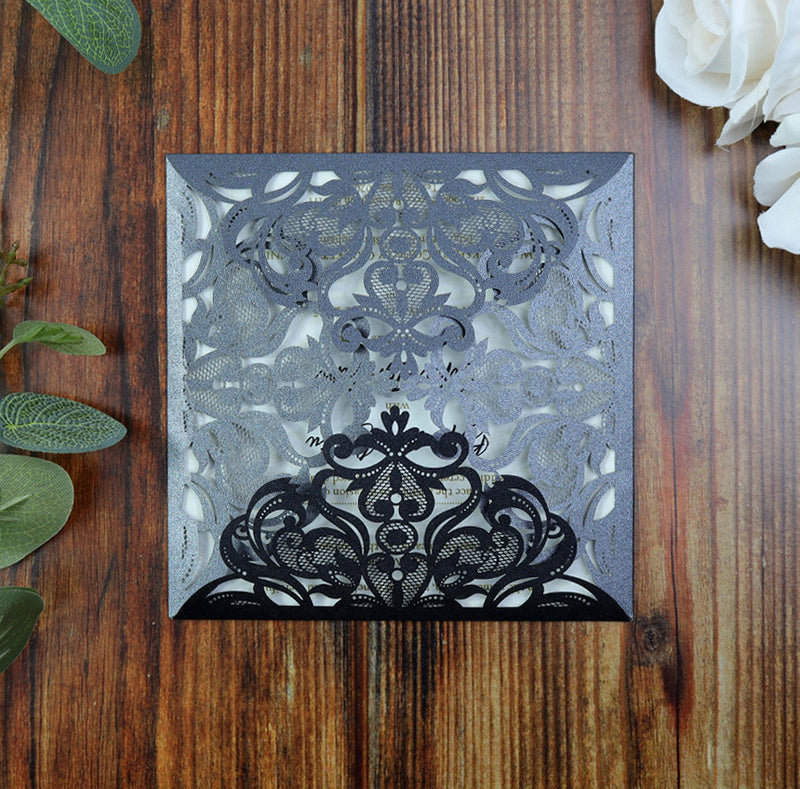 LC F001 Black square baroque Lasercut Invitation