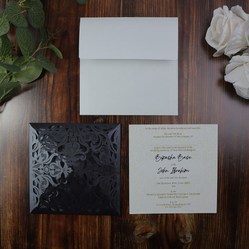 LC F001 Black square baroque Lasercut Invitation