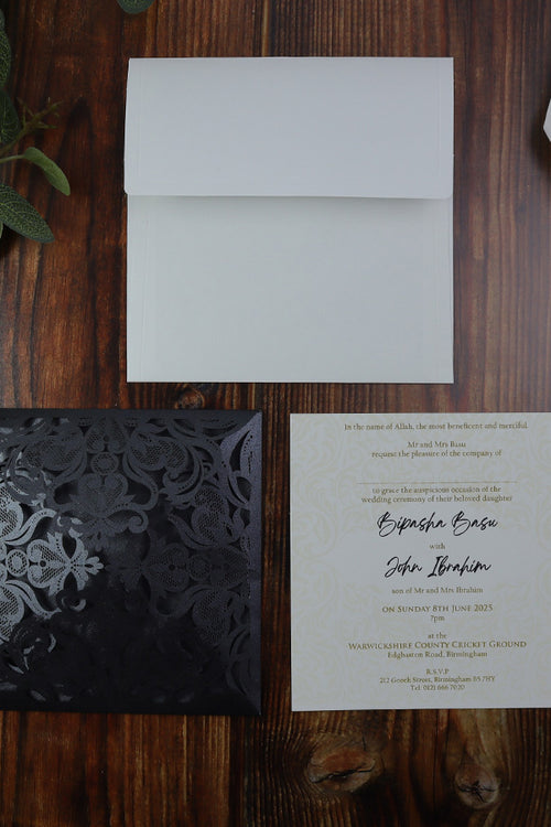 Load image into Gallery viewer, LC F001 Black square baroque Lasercut Invitation
