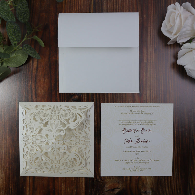 Dainty Ivory Square Gatefold Lasercut Invitation LC F001