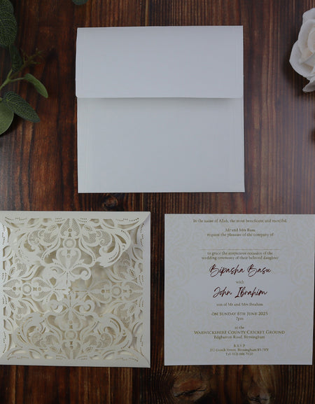 Dainty Ivory Square Gatefold Lasercut Invitation LC F001