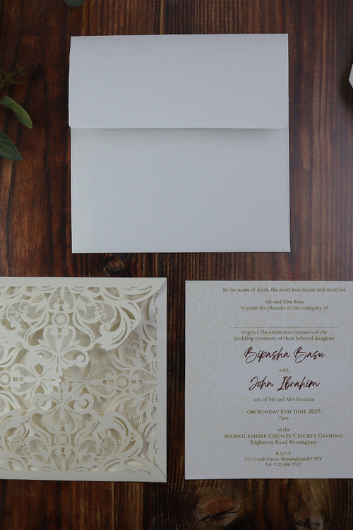 Load image into Gallery viewer, Dainty Ivory Square Gatefold Lasercut Invitation LC F001
