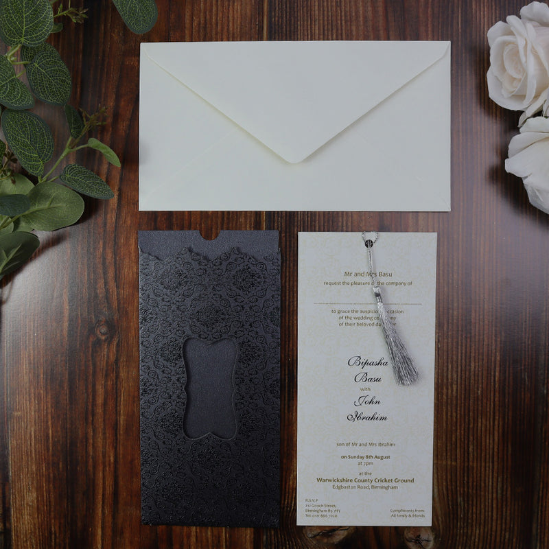 Chic Black Personalised Pocket Invitation with Tassel LC S003