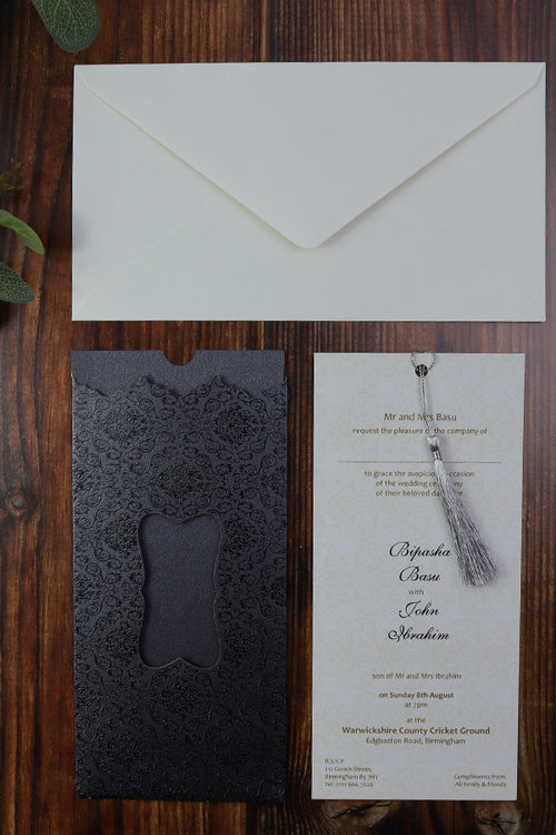 Load image into Gallery viewer, Chic Black Personalised Pocket Invitation with Tassel LC S003
