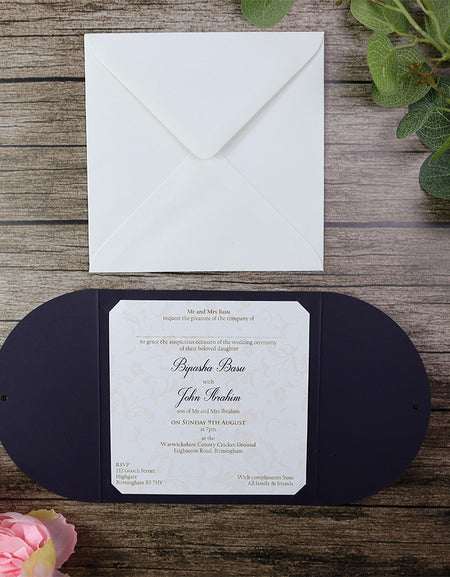 MCC Blue gold ornamental filigree gatefold ribbon invitation