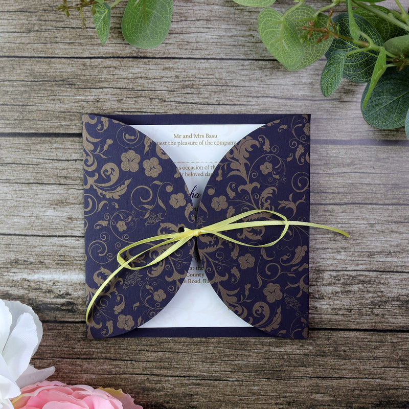 MCC Blue gold ornamental filigree gatefold ribbon invitation