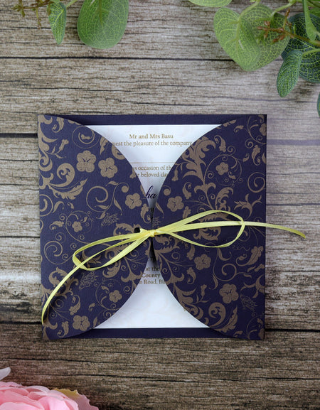 MCC Blue gold ornamental filigree gatefold ribbon invitation