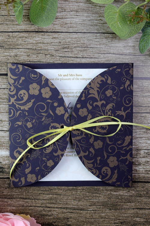 Load image into Gallery viewer, MCC Blue gold ornamental filigree gatefold ribbon invitation
