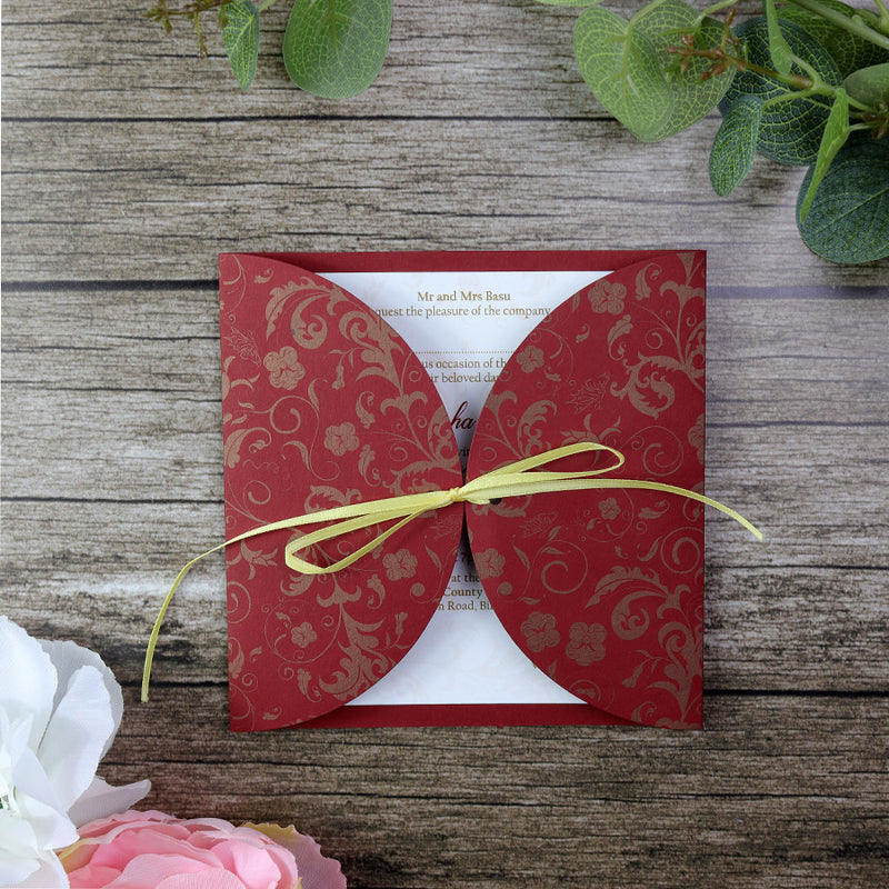 MCC Red Circular Gatefold Red and Gold Pocket Invitation with ribbon