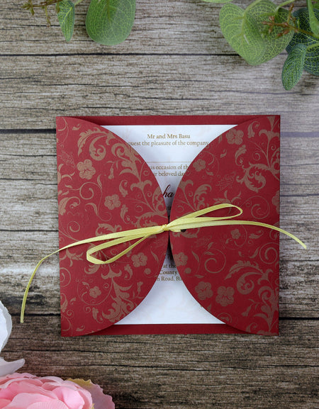MCC Red Circular Gatefold Red and Gold Pocket Invitation with ribbon