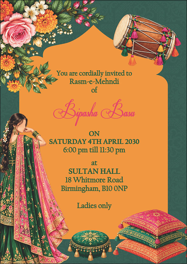 MND 351 Elegant Mehndi / Sangeet / Haldi / Dholki Invitation