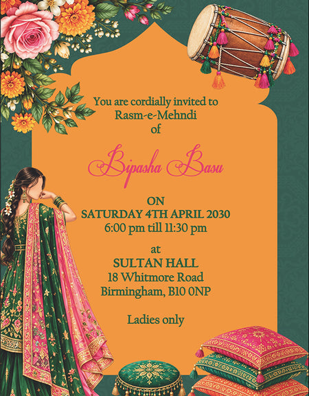 MND 351 Elegant Mehndi / Sangeet / Haldi / Dholki Invitation