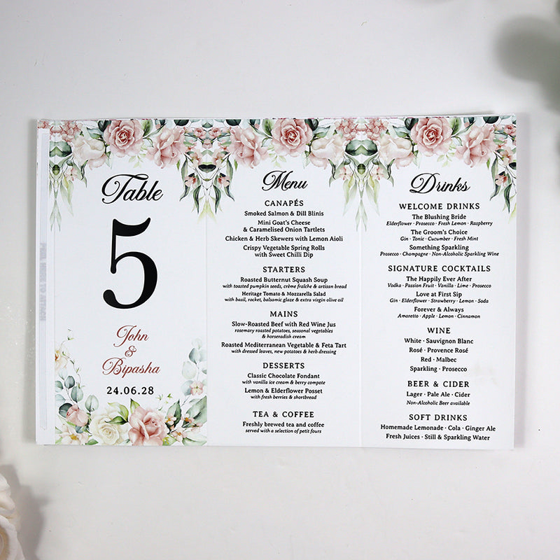 Peach Floral 015 - Personalised Tri-Fold Triangle Menu Cards with Table Number
