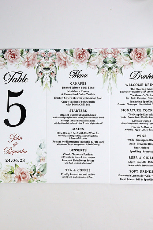 Load image into Gallery viewer, Peach Floral 015 - Personalised Tri-Fold Triangle Menu Cards with Table Number
