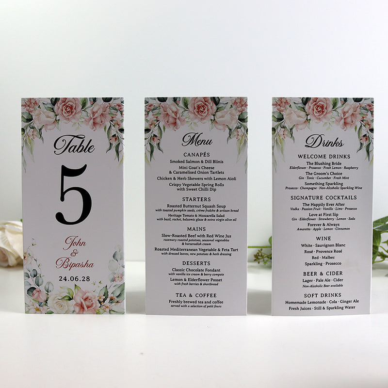 Peach Floral 015 - Personalised Tri-Fold Triangle Menu Cards with Table Number