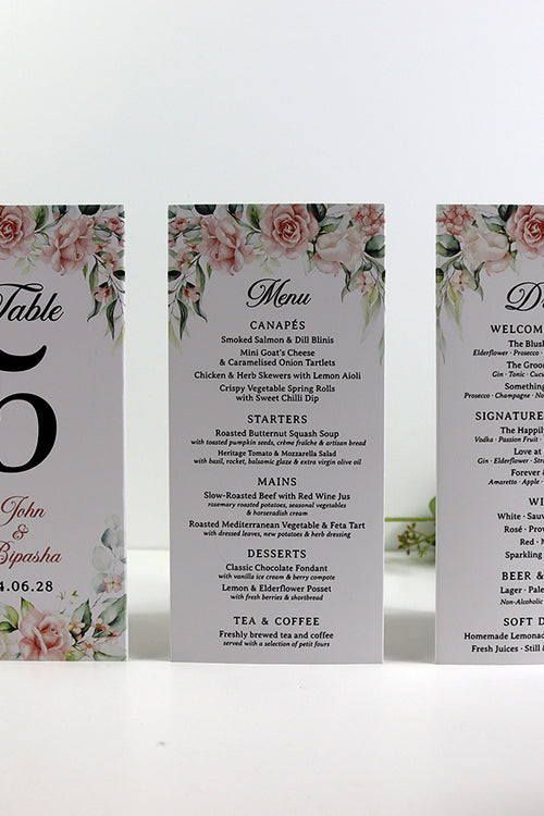 Load image into Gallery viewer, Peach Floral 015 - Personalised Tri-Fold Triangle Menu Cards with Table Number
