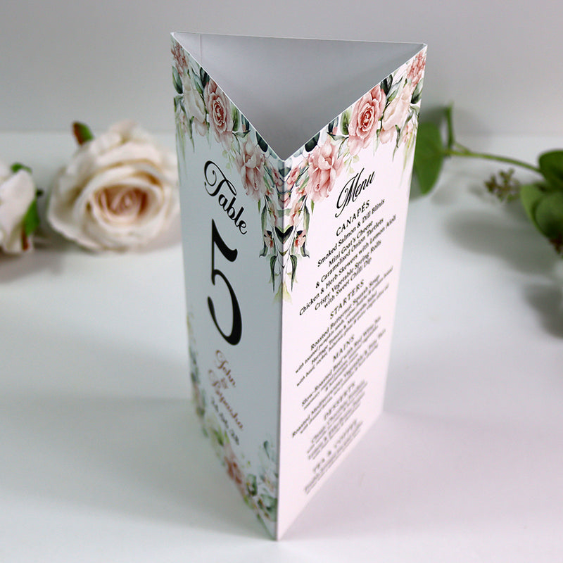 Peach Floral 015 - Personalised Tri-Fold Triangle Menu Cards with Table Number
