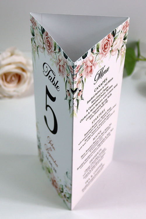 Load image into Gallery viewer, Peach Floral 015 - Personalised Tri-Fold Triangle Menu Cards with Table Number
