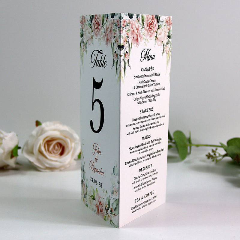Peach Floral 015 - Personalised Tri-Fold Triangle Menu Cards with Table Number