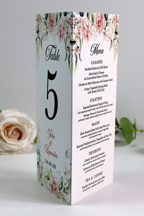 Load image into Gallery viewer, Peach Floral 015 - Personalised Tri-Fold Triangle Menu Cards with Table Number
