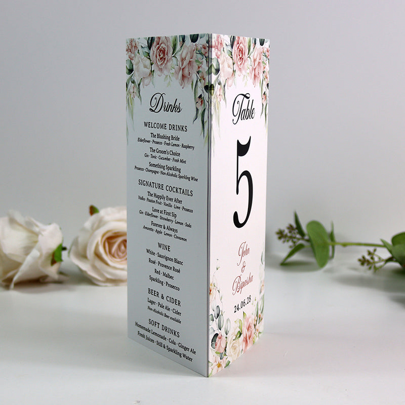 Peach Floral 015 - Personalised Tri-Fold Triangle Menu Cards with Table Number