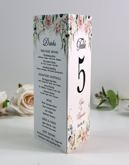 Peach Floral 015 - Personalised Tri-Fold Triangle Menu Cards with Table Number