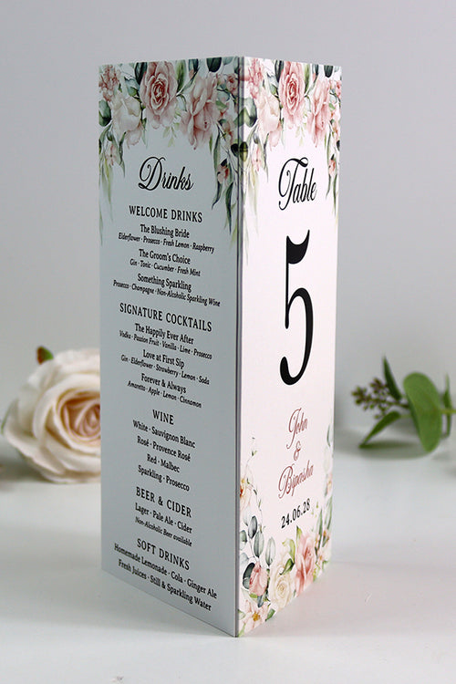 Load image into Gallery viewer, Peach Floral 015 - Personalised Tri-Fold Triangle Menu Cards with Table Number
