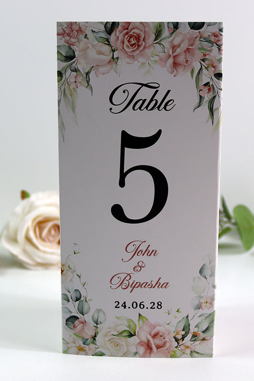 Load image into Gallery viewer, Peach Floral 015 - Personalised Tri-Fold Triangle Menu Cards with Table Number
