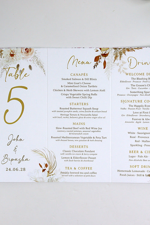 Load image into Gallery viewer, Autumn Chic 011 - Personalised Tri-Fold Triangle Menu Cards with Table Number
