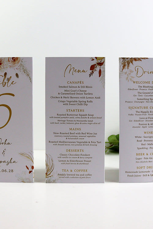 Load image into Gallery viewer, Autumn Chic 011 - Personalised Tri-Fold Triangle Menu Cards with Table Number
