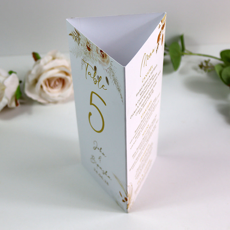 Autumn Chic 011 - Personalised Tri-Fold Triangle Menu Cards with Table Number