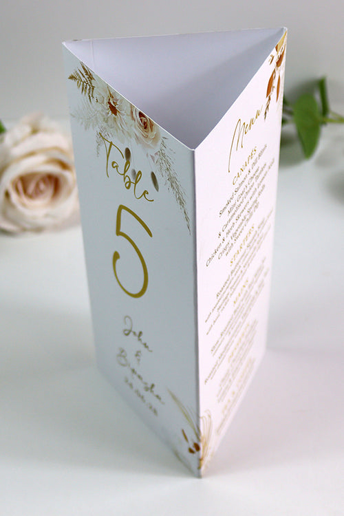 Load image into Gallery viewer, Autumn Chic 011 - Personalised Tri-Fold Triangle Menu Cards with Table Number

