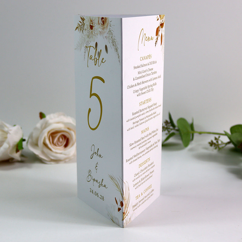 Autumn Chic 011 - Personalised Tri-Fold Triangle Menu Cards with Table Number