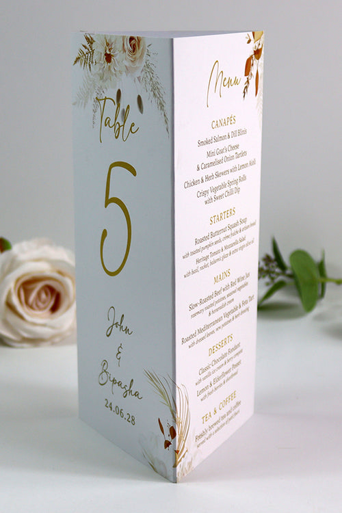 Load image into Gallery viewer, Autumn Chic 011 - Personalised Tri-Fold Triangle Menu Cards with Table Number
