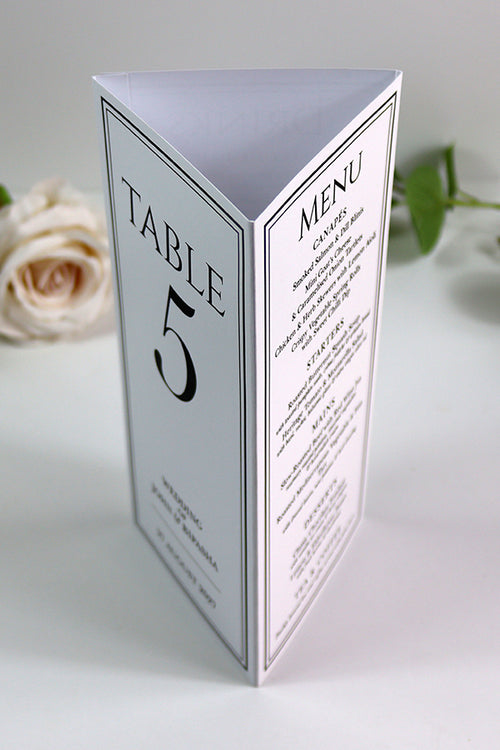 Load image into Gallery viewer, Classy 014 - Personalised Tri-Fold Triangle Menu Cards with Table Number
