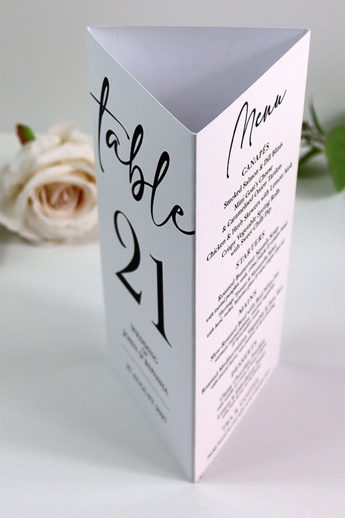 Load image into Gallery viewer, Modern 013 - Personalised Tri-Fold Triangle Menu Cards with Table Number
