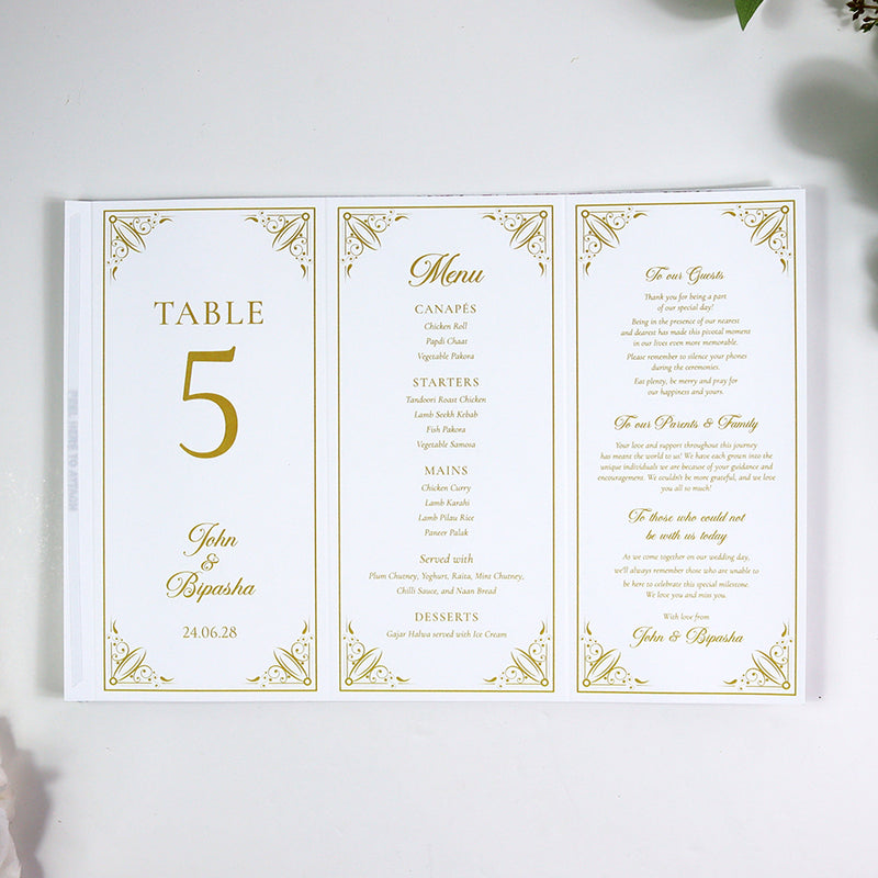 Gold Frame 002 - Personalised Tri-Fold Triangle Menu Cards with Table Number