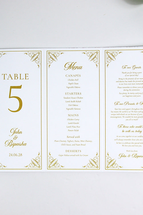 Load image into Gallery viewer, Gold Frame 002 - Personalised Tri-Fold Triangle Menu Cards with Table Number
