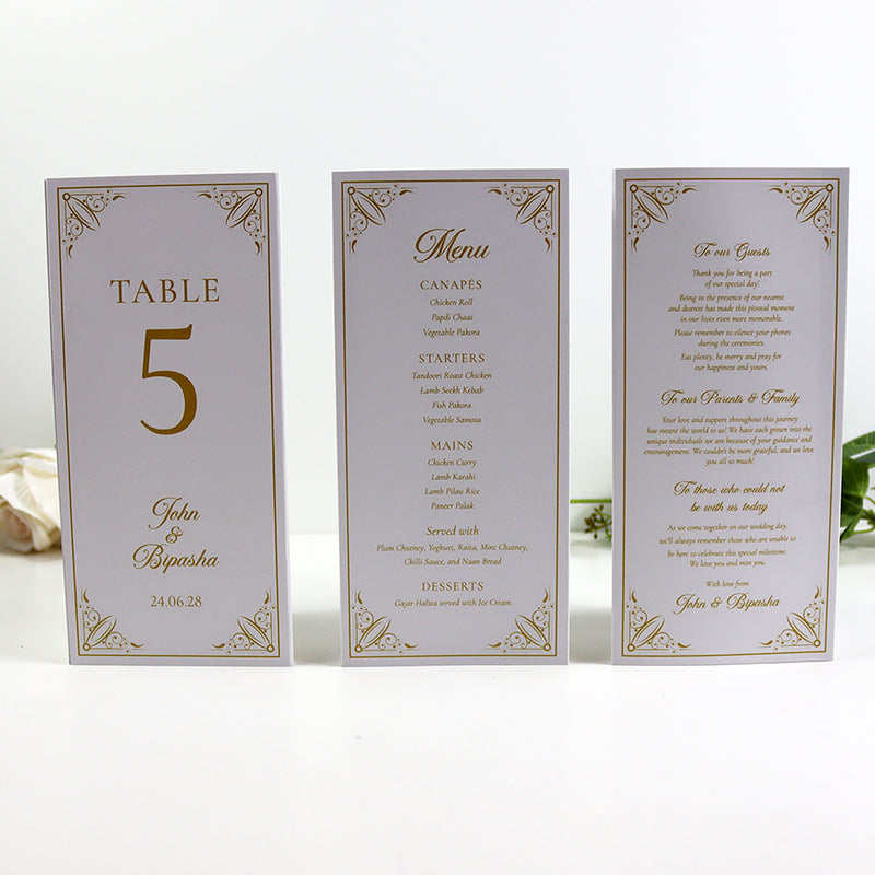 Gold Frame 002 - Personalised Tri-Fold Triangle Menu Cards with Table Number