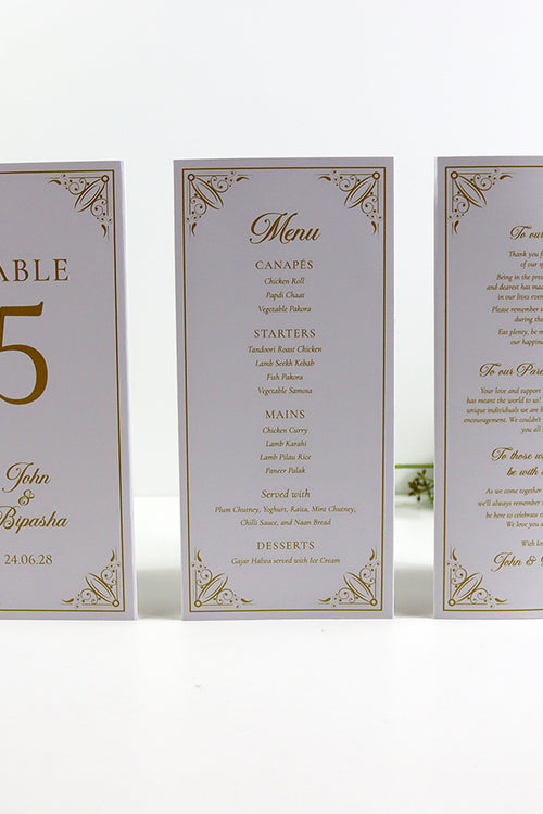 Load image into Gallery viewer, Gold Frame 002 - Personalised Tri-Fold Triangle Menu Cards with Table Number
