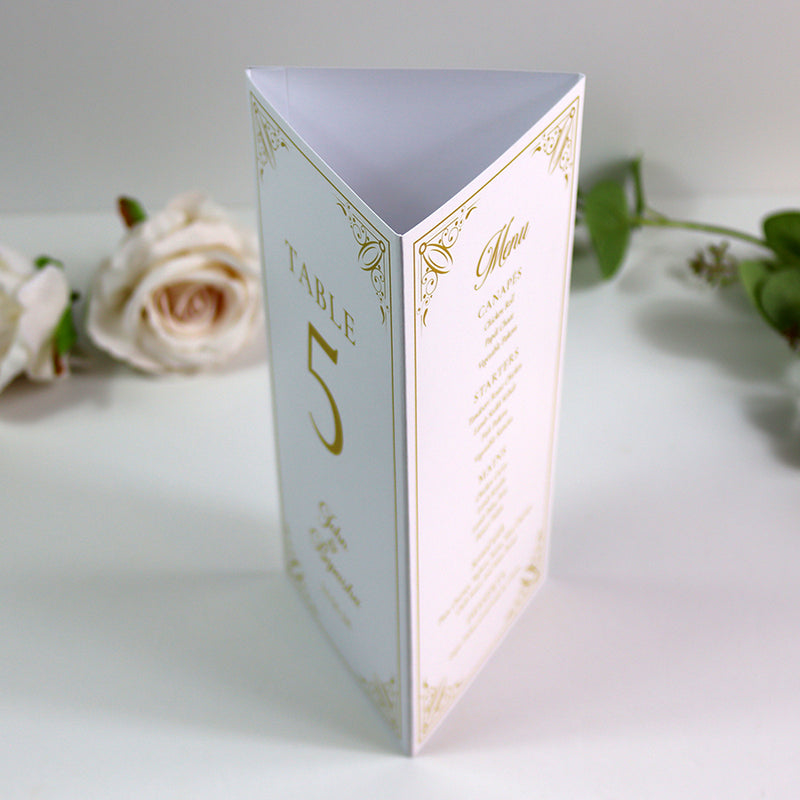 Gold Frame 002 - Personalised Tri-Fold Triangle Menu Cards with Table Number