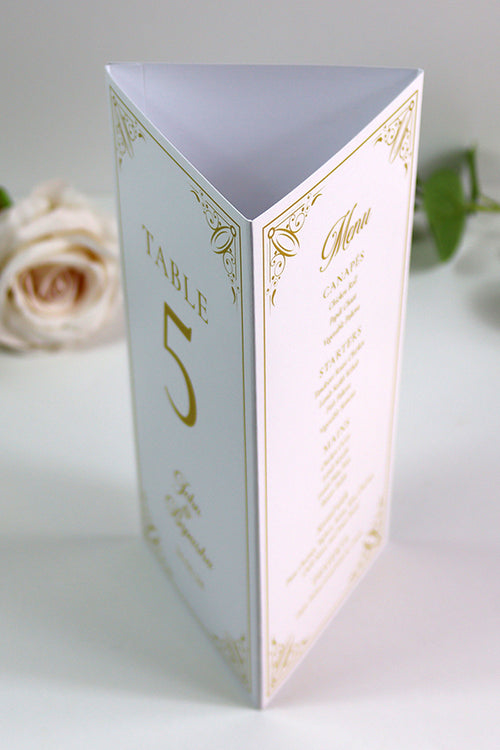Load image into Gallery viewer, Gold Frame 002 - Personalised Tri-Fold Triangle Menu Cards with Table Number
