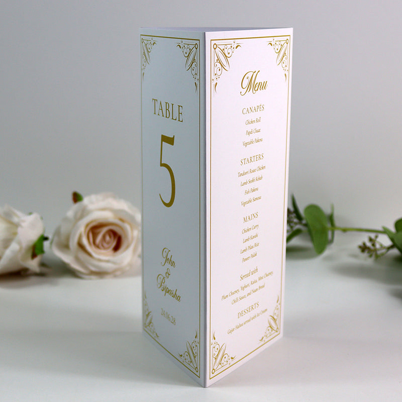 Gold Frame 002 - Personalised Tri-Fold Triangle Menu Cards with Table Number