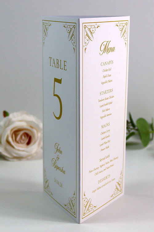 Load image into Gallery viewer, Gold Frame 002 - Personalised Tri-Fold Triangle Menu Cards with Table Number
