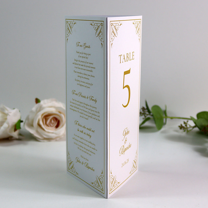 Gold Frame 002 - Personalised Tri-Fold Triangle Menu Cards with Table Number