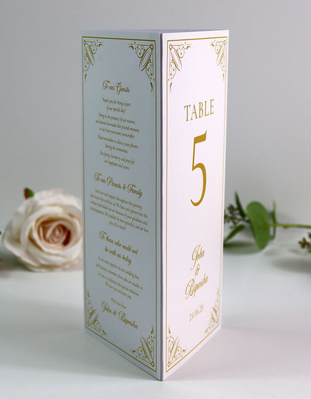 Gold Frame 002 - Personalised Tri-Fold Triangle Menu Cards with Table Number