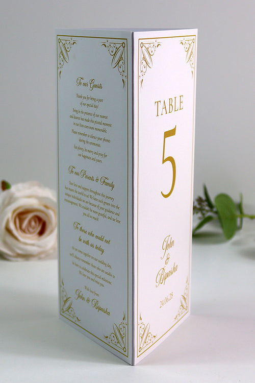 Load image into Gallery viewer, Gold Frame 002 - Personalised Tri-Fold Triangle Menu Cards with Table Number
