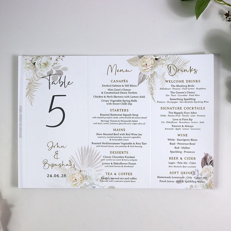 Boho Chic  010 - Personalised Tri-Fold Triangle Menu Cards with Table Number
