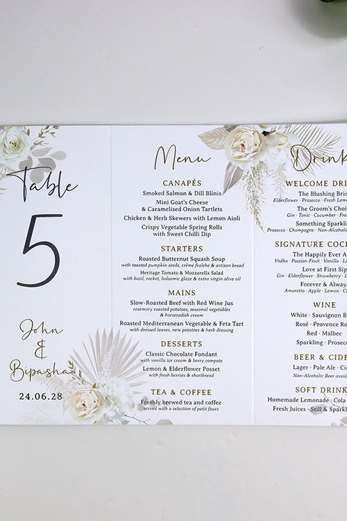 Load image into Gallery viewer, Boho Chic  010 - Personalised Tri-Fold Triangle Menu Cards with Table Number
