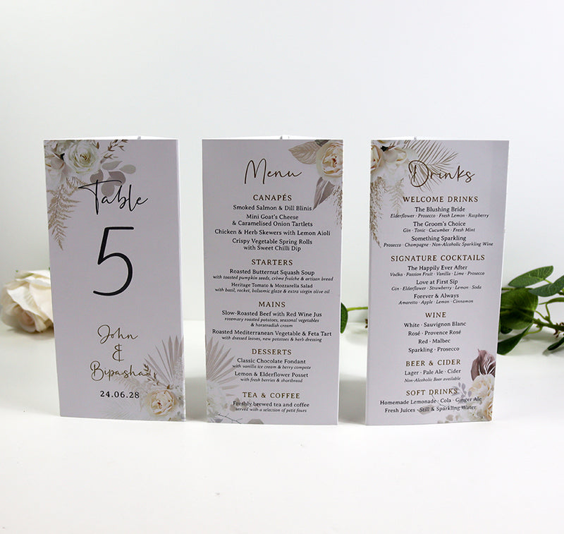 Boho Chic  010 - Personalised Tri-Fold Triangle Menu Cards with Table Number